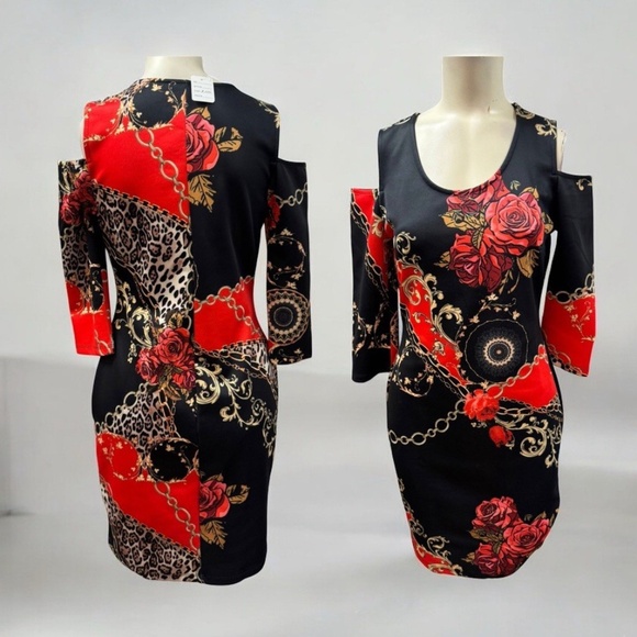 Venus,Dress Multicolor Fall,Black-Red,Sz S,Floral,Long Sleeve,Bare Shoulders.! - Picture 1 of 12